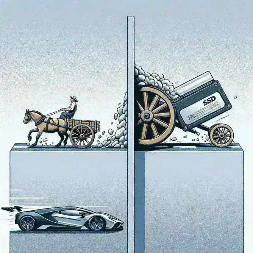 "Comparison of SSD and HDD performance: An infographic illustrating the speed advantages of solid-state drives (SSD) over hard disk drives (HDD) for improved data access and faster loading times in computers."
