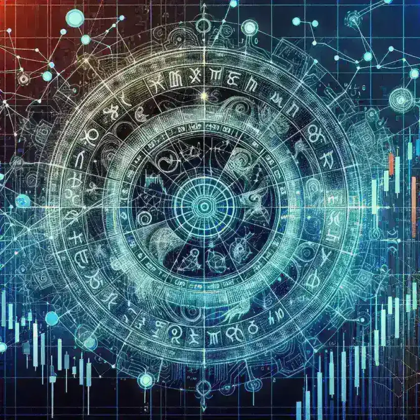 "Astrology fintech platform interface displaying AI-driven trading algorithms linked to zodiac cycles, illustrating the integration of astrology and financial technology."