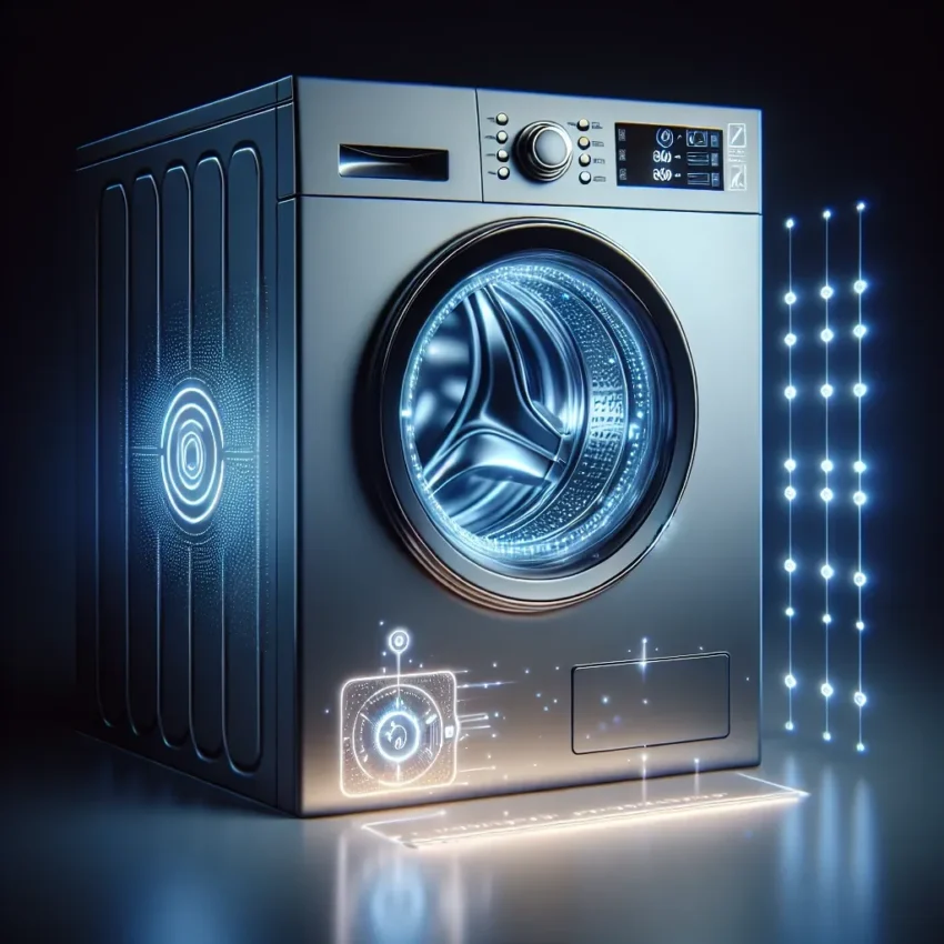 "Samsung AI-powered washing machine with predictive maintenance alerts showcased in a modern laundry room setting, illustrating advanced technology for optimal laundry care."